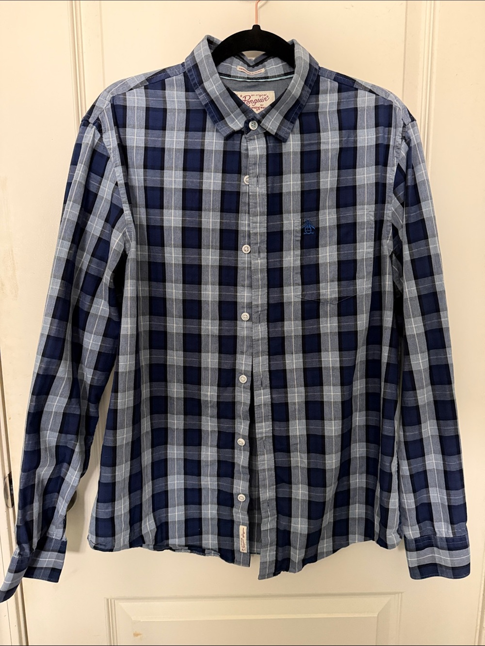 Original Penguin Men's Navy and Light Blue Plaid Button-Down Shirt